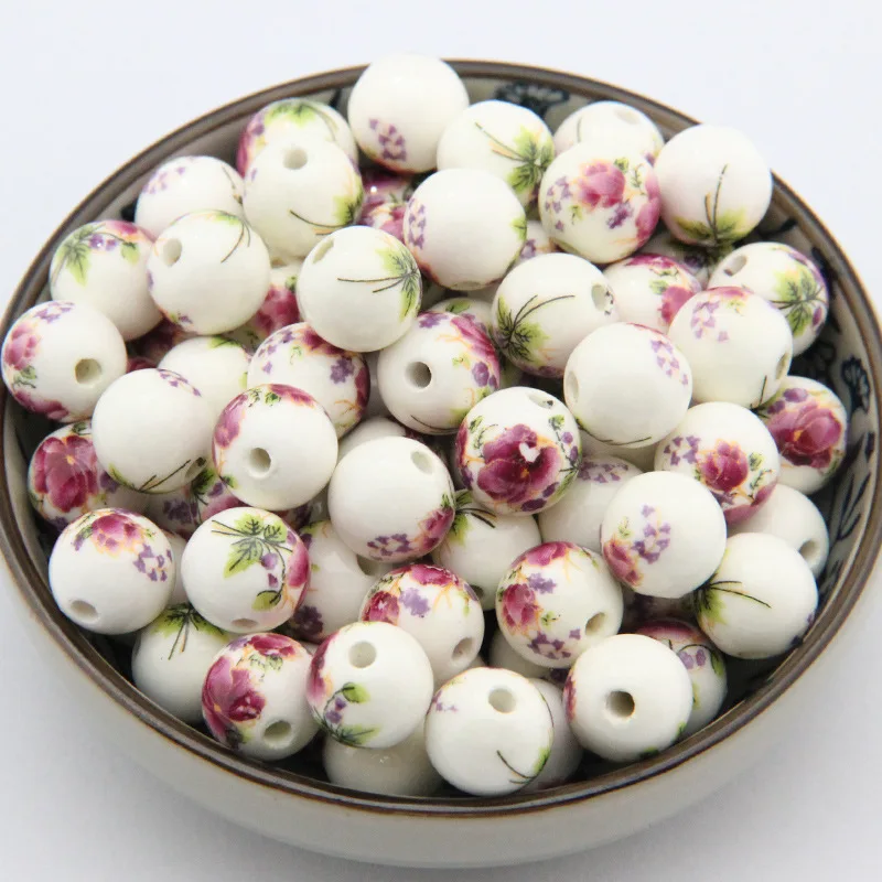 10pcs12mm Round Porcelain Ceramic Loose Spacer Big Hole Bead Charms Red Flower