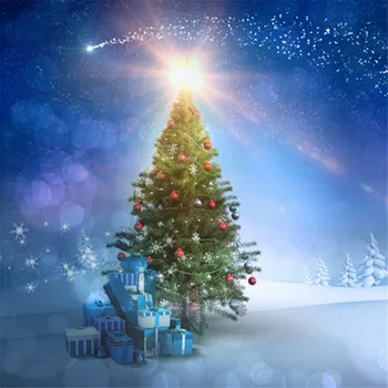 

Flying Fireworks Christmas Tree Photography Backdrops Printed Gift Boxes Blue Sky Bokeh Polka Dots Winter Snow Photo Background