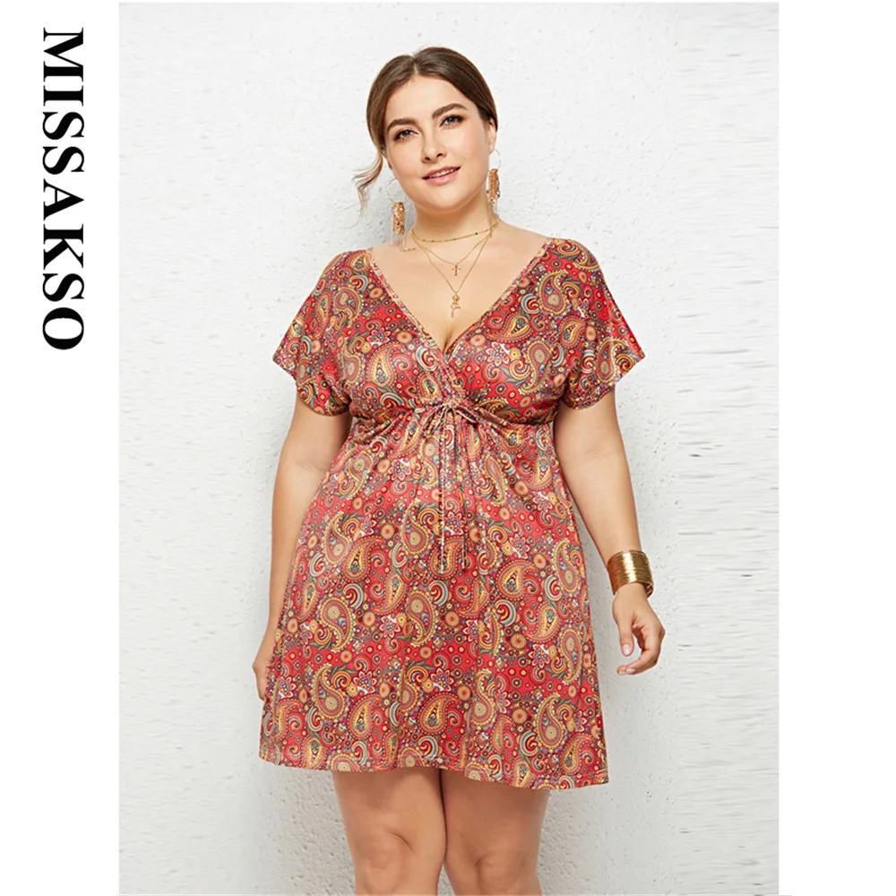 Missakso Plus Size Dress Casual Deep V Neck Spring Summer Elastic Short Sleeve Beach Style Print Women Dress with Bow New 4XL
Missakso Plus Size Dress Casual Deep V Neck Spring Summer Elastic Short Sleeve Beach Style Print Women Dress with Bow New 4XL