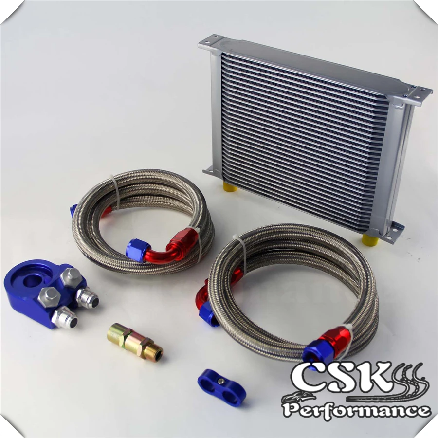 Universal 30 Row 248mm AN10 Engine Transmission Oil Cooler British Type + Aluminum Filter Adapter Kit Blue |