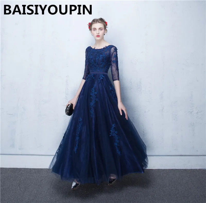 Modest Evening Dresses Vestidos Mae De Noiva Longo 2020 Dark Blue Elegant Long Prom with Sleeves | Свадьбы и торжества