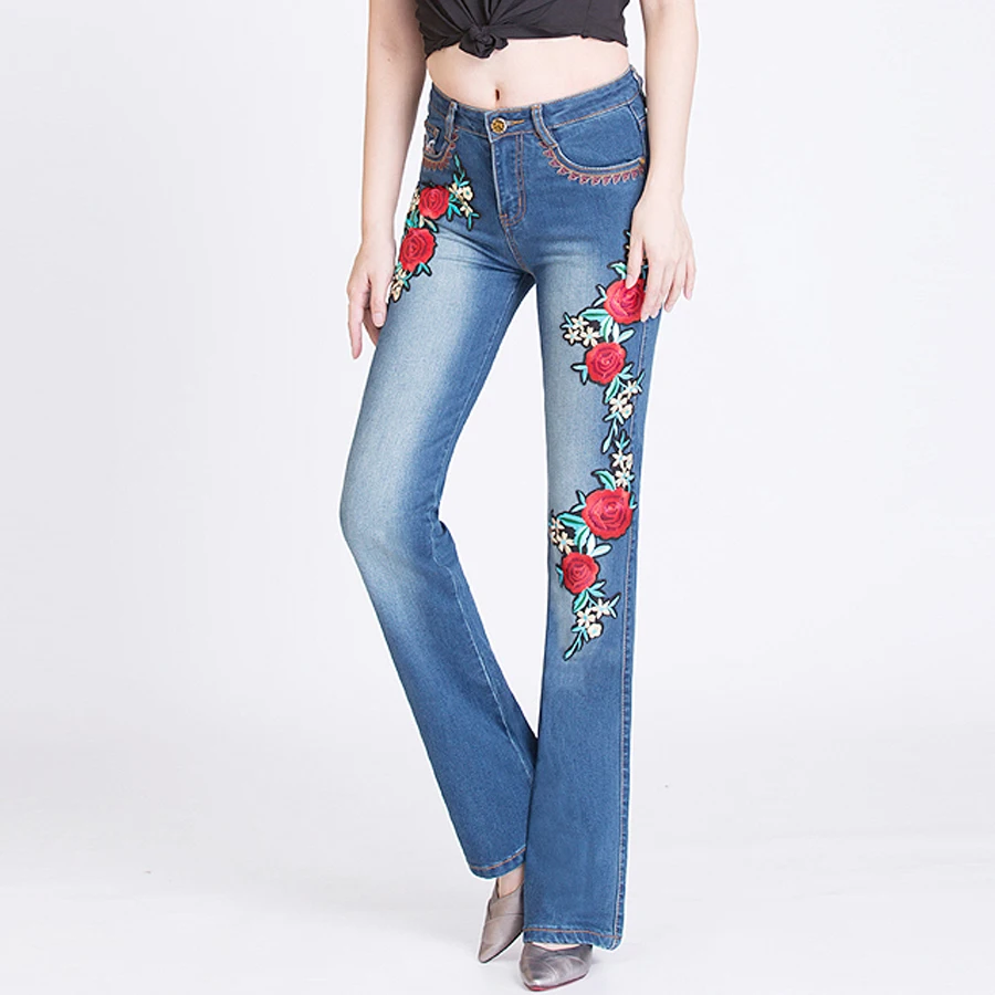 Summer Spring Designer Women Flower Embroidery Stretch Bleached Denim Trousers Woman Autumn Blue Jeans Pants With Embroidered |