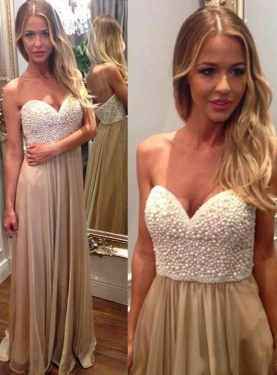 Sexy Sweetheart Champagne Prom Dresses With Pearls Floor-Length A-Line Long Party Formal Evening Dresses Gown vestidos de noiva
Sexy Sweetheart Champagne Prom Dresses With Pearls Floor-Length A-Line Long Party Formal Evening Dresses Gown vestidos de noiva