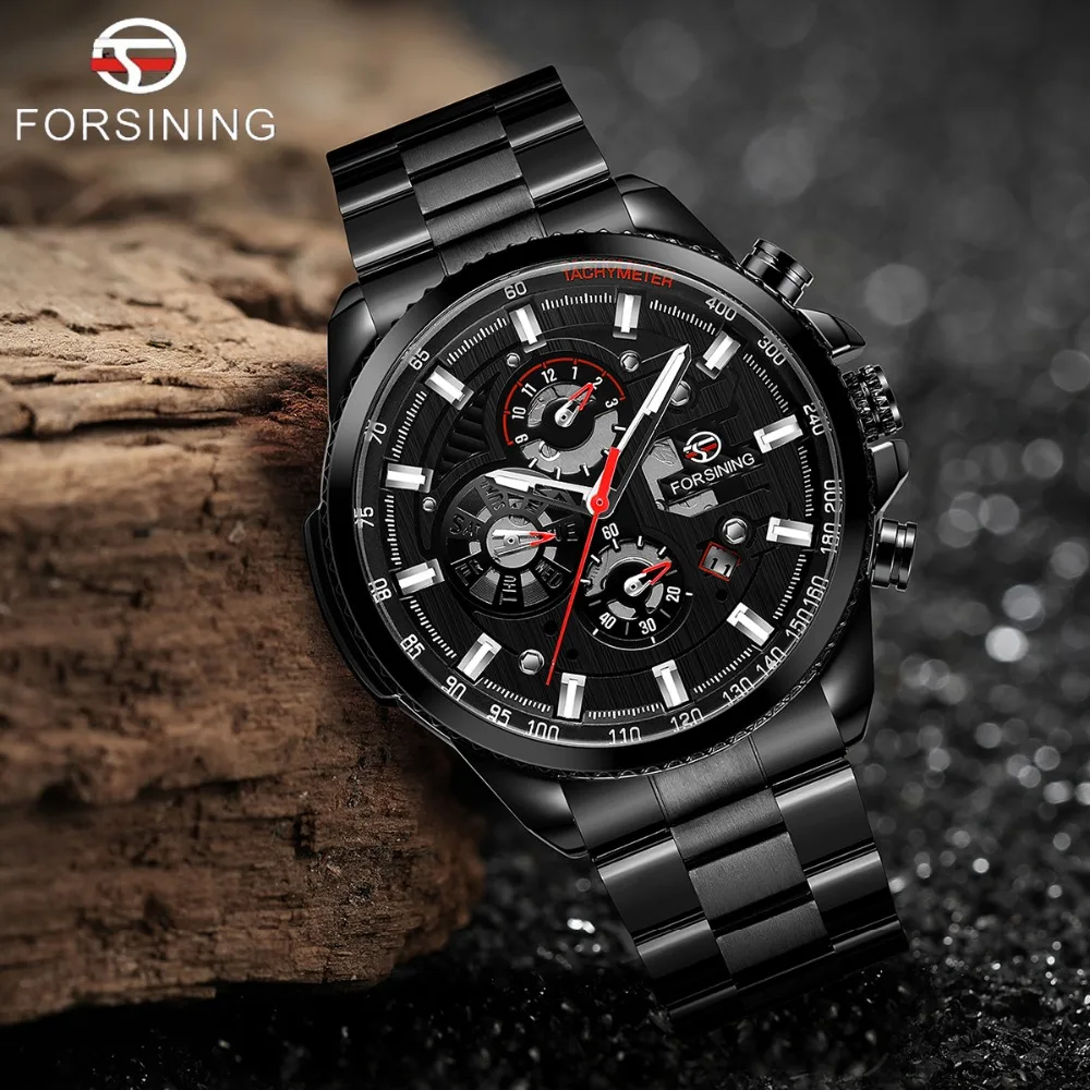 FORSINING Top Brand Luxury Mens Watches Calendar Display Black Stainless Steel Automatic Wristwatch Military Sports Male Clock (3)