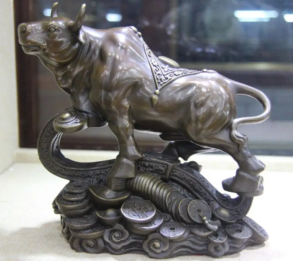 Chinese Bronze Copper Feng Shui Yuan Bao Money wealth Ru Yi OX Bull Art Statue