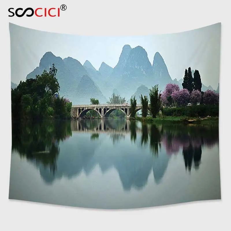 

Cutom Tapestry Wall Hanging,Farm House Decor Japanese National Park Bridge Reflections of the Mount on the Lake Scenery Multi