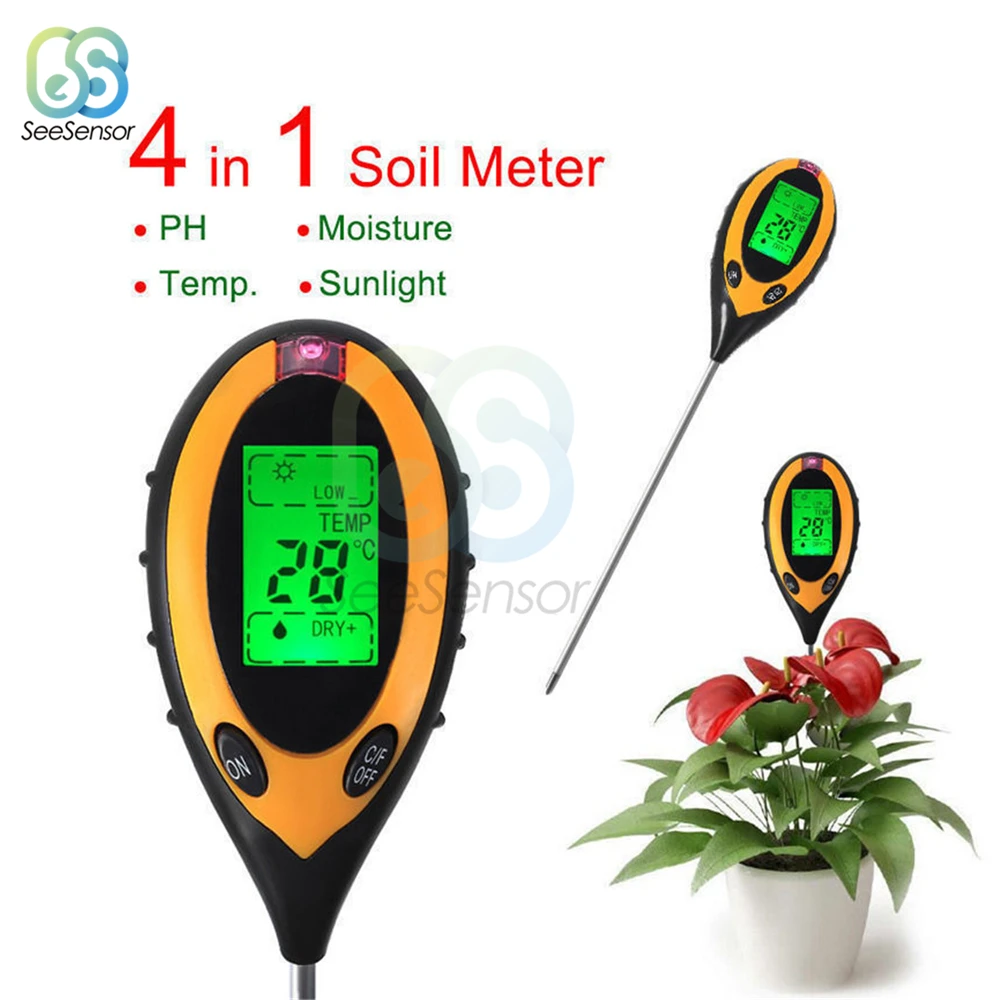 4 in 1 Soil PH Meter Soil Tester PH Moisture Meter Temperature Sunlight Intensity Measurement Analysis Acidity Alkali
4 in 1 Soil PH Meter Soil Tester PH Moisture Meter Temperature Sunlight Intensity Measurement Analysis Acidity Alkali