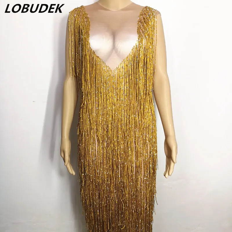 Блестящее Золотое длинное платье с кисточками со стразами сексуальное для