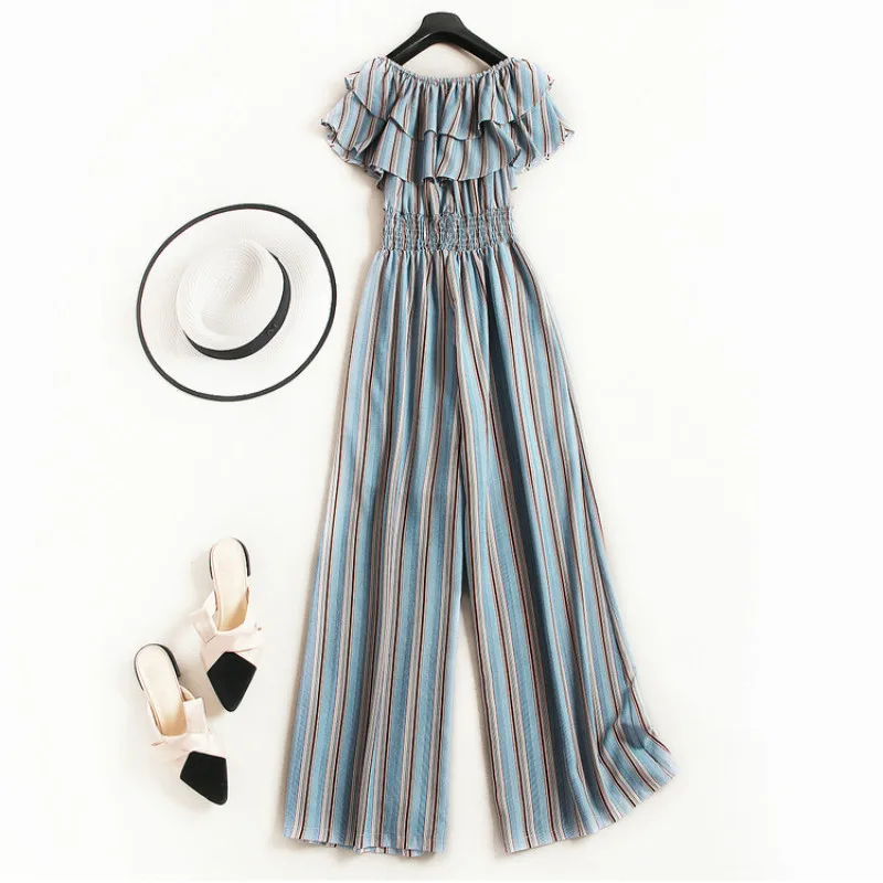 Slash Neck Off Shoulder Ruffles Striped Women Jumpsuit Elastic Waist Wide-leg Long Trousers Slim Casual Romper Overalls 2019
Slash Neck Off Shoulder Ruffles Striped Women Jumpsuit Elastic Waist Wide-leg Long Trousers Slim Casual Romper Overalls 2019