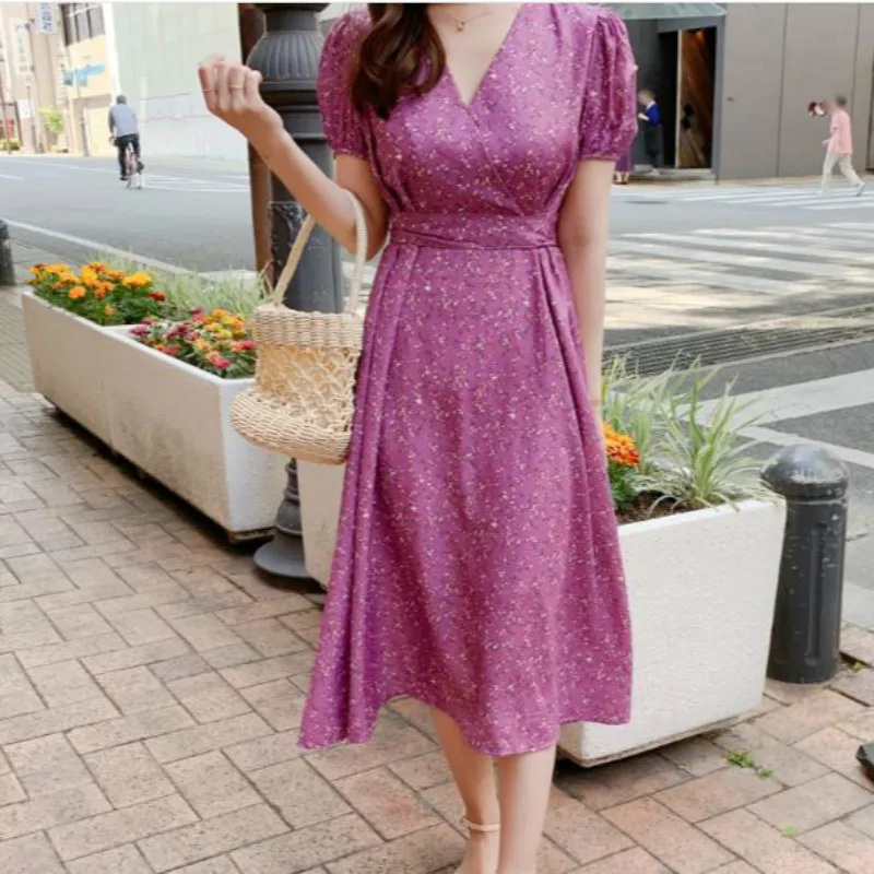 Women Summer Long Purple Floral Dress Ladies V Neck A -Line Vestidos with Belt Slim Waist Robe Femme Casual Sukienki Jurken
Women Summer Long Purple Floral Dress Ladies V Neck A -Line Vestidos with Belt Slim Waist Robe Femme Casual Sukienki Jurken