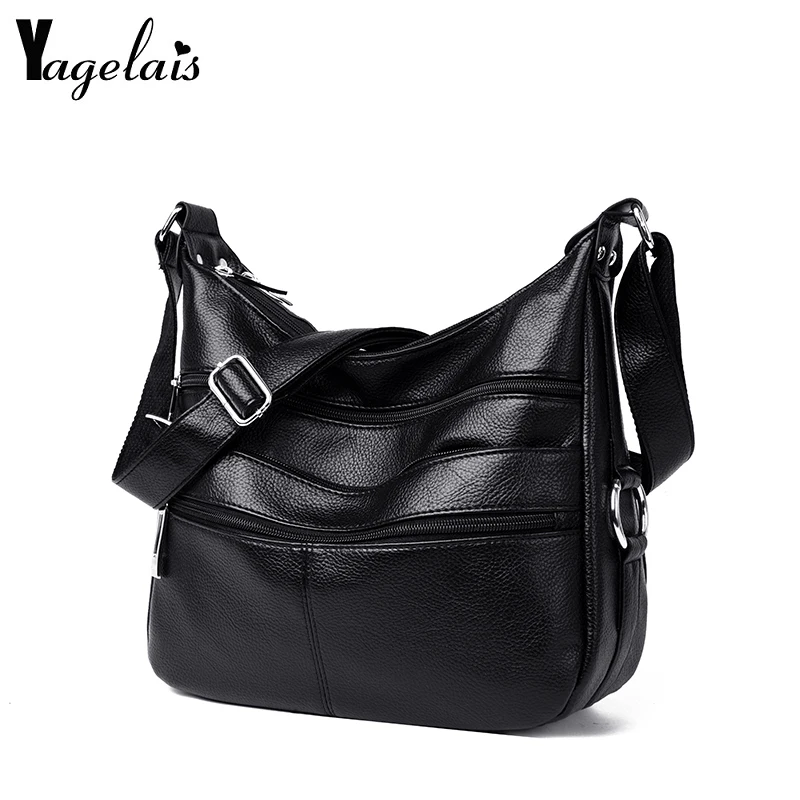 

Fashion Women Crossbody Messenger Bag Black Soft Washed Leather Shoulder Bag High Capacity Top-handle Travel Shiping Bags Bolsa