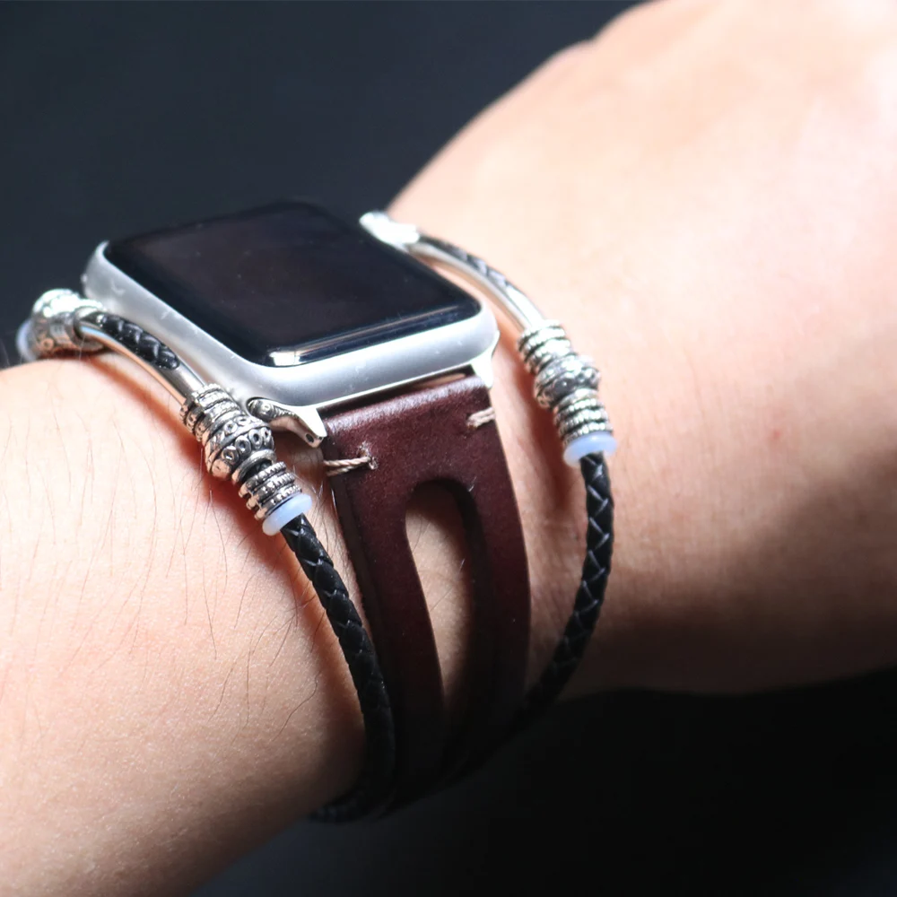 Handmade Apple Watch Band Made Ethnic Vintage Bead With Leather Retro Punk Style Bracelet 44Mm/ 40Mm/ 42Mm/ 38Mm Fits Apple Watch Series 1 2