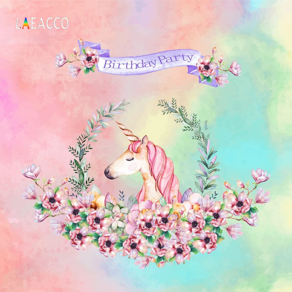 

Laeacco Unicorn Backdrop Flower Wreath Baby Birthday Party Banner Child Portrait Photographic Backgrounds Photocall Photo Studio