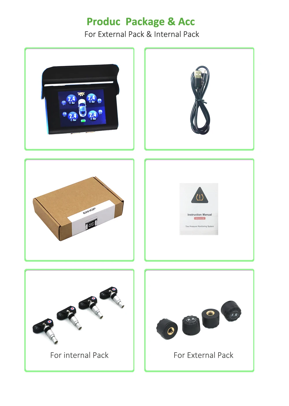 EANOP S368 Solar TPMS 2.4 inch Car Tire Pressure Monitoring System 4pcs Internal External Sensors ADAS Alarm For Universal Cars