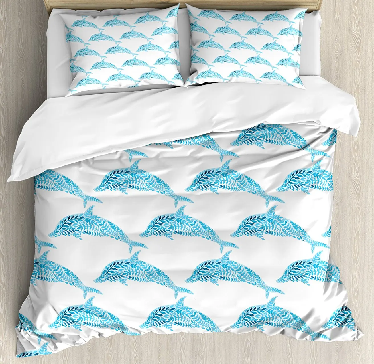 Duvet Cover Set, Aqua Dolphin Figures with Leaf Ornamentals Abstract Art Playful Fish, 4 Piece Bedding Set
Duvet Cover Set, Aqua Dolphin Figures with Leaf Ornamentals Abstract Art Playful Fish, 4 Piece Bedding Set