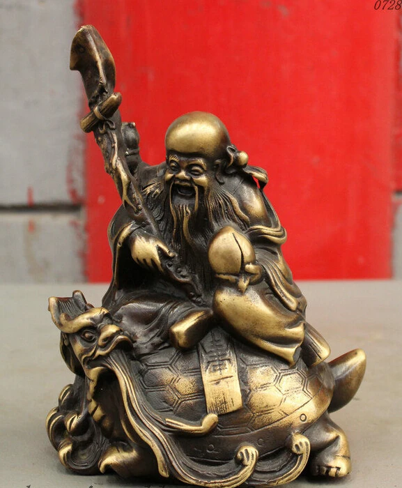 

8 Folk Chinese Pure Bronze Ride Dragon Turtle Longevity Shou Immortal God Statue