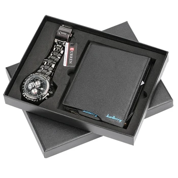 

Men Watches Steel/Leather Band Quartz Wrist Watch with Folding Clasp Leather Wallet Gift Set for Boyfriend for Dad