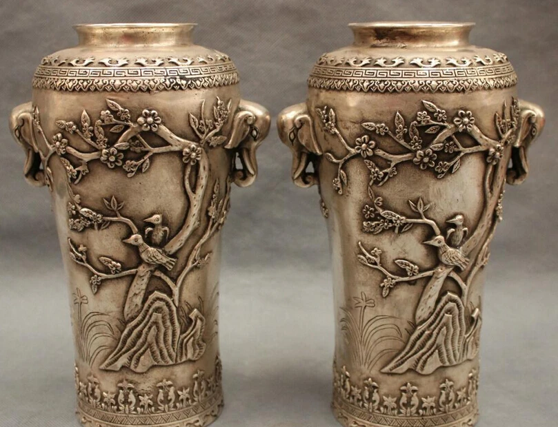 bi003467 9" Folk Chinese Silver Elephant Head Bird Tree Statue Flower Vase Pot Pair
bi003467 9" Folk Chinese Silver Elephant Head Bird Tree Statue Flower Vase Pot Pair