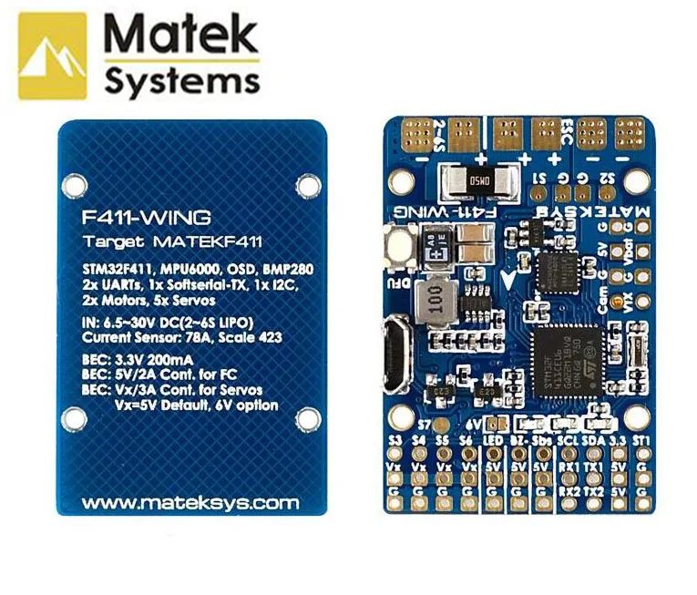 Matek Systems F411-WING STM32F411 Flight Controller Control With INAVOSD MPU6000 BMP280 Support Fly Wing Fixed Wing RC Airplane
Matek Systems F411-WING STM32F411 Flight Controller Control With INAVOSD MPU6000 BMP280 Support Fly Wing Fixed Wing RC Airplane