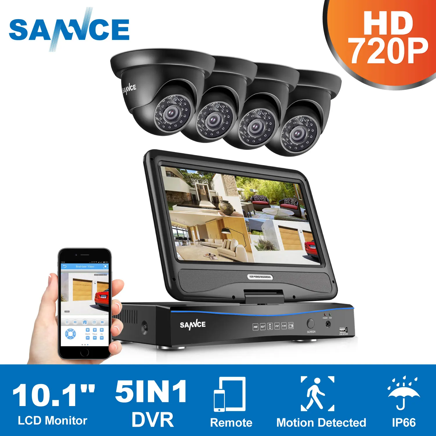 

SANNCE 4CH 1080N HD 10.1inch Displayer DVR 4PCS 1.0MP 720P Dome CCTV Cameras Night Vision System Video Surveillance System Kit