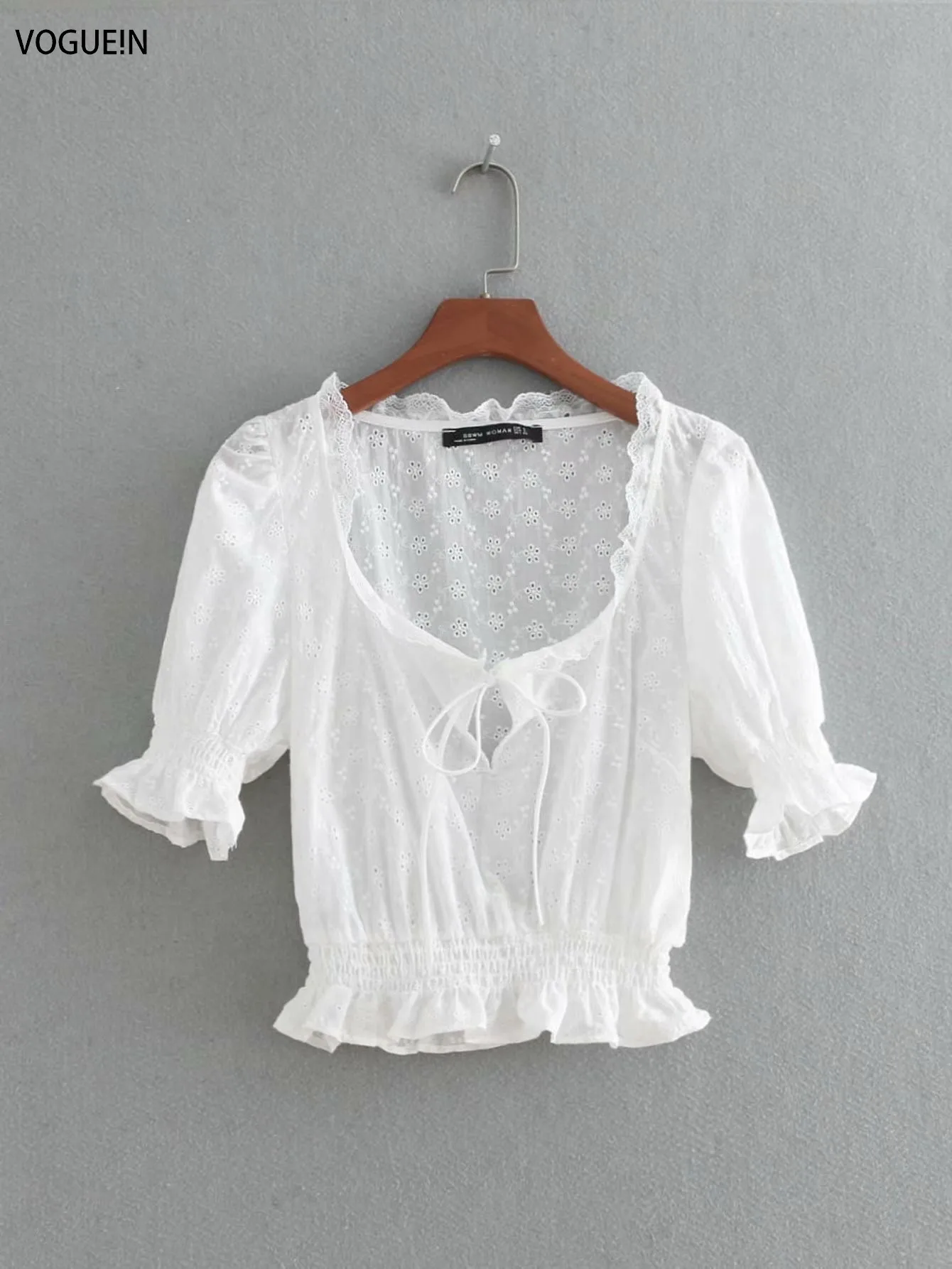 VOGUEIN New Womens White Embroidery Floral Hollow Short Pullover Shirt Blouse Top Wholesale |