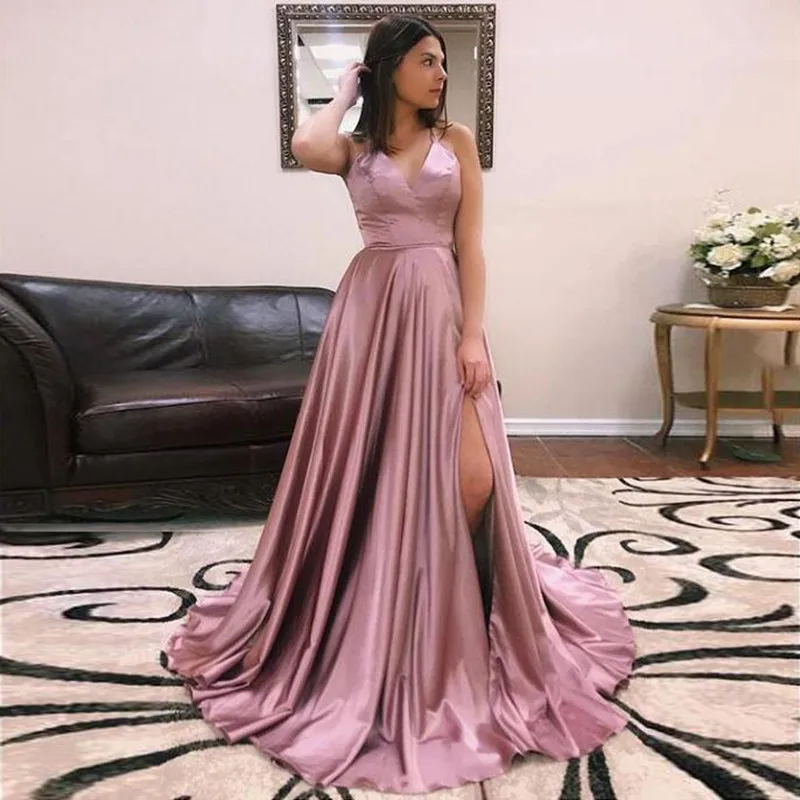 Custom Made A Line Dusty Pink Spaghetti Straps V Neck Prom Party Dress Sexy High Slit Pleated Satin Long Evening Gown 2019
Custom Made A Line Dusty Pink Spaghetti Straps V Neck Prom Party Dress Sexy High Slit Pleated Satin Long Evening Gown 2019