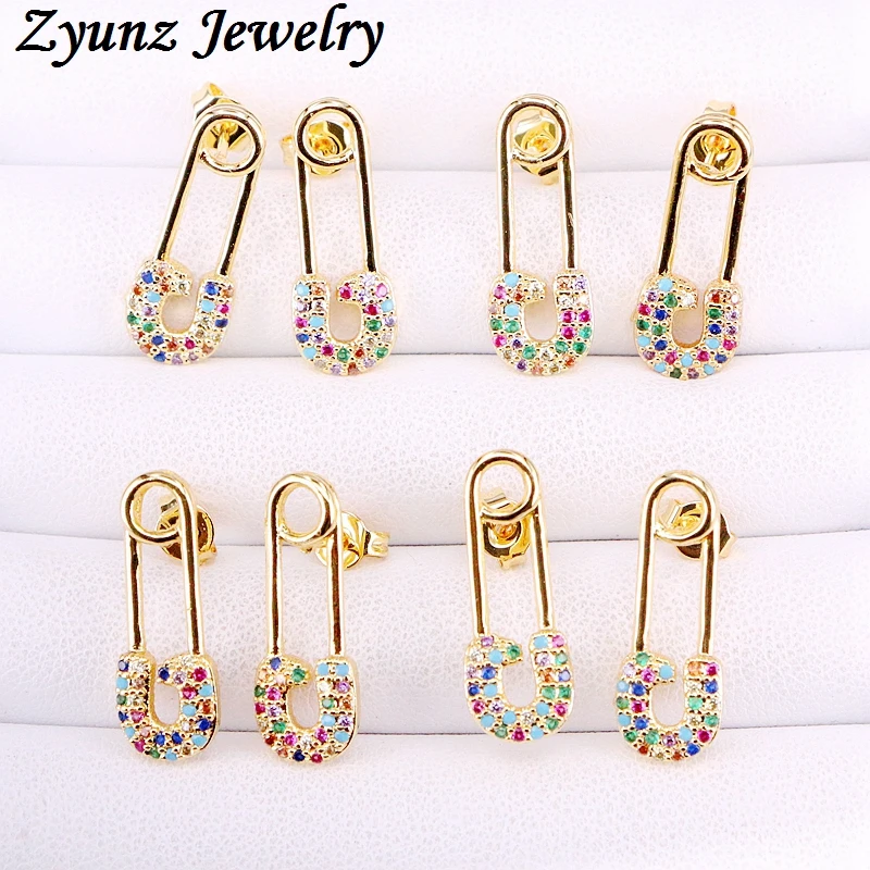 6 Pairs, Safety Pin Stud Earring for women Gold color multi CZ micro paved earring
6 Pairs, Safety Pin Stud Earring for women Gold color multi CZ micro paved earring
