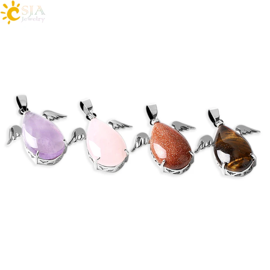 

CSJA Fashion Little Angel Wings Natural Pink Quartz Gem Stone Pendants for Necklaces Women Lapis Lazuli Opal Reiki Jewelry E227