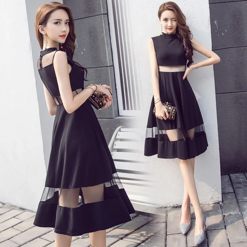 

2018 Summer Fashion Women Dresses Elegant Audrey Hepburn little black dress Sexy Perspective Patchwork Sleeveless Mid Dresses