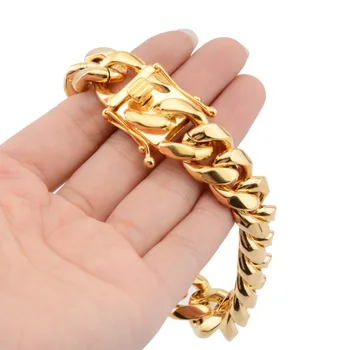 

16mm 7-11inch New Dragon Lock Clasp Heavy Stainless Steel Link Gold Miami Cuban Curb Chain Men's Boys Bangle Bracelet Jewelry