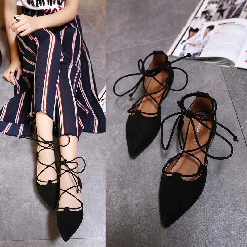 

Korean Brand Flock Pointed Toe Flats Narrow Band Lace Up Show Thin Ballet Flat Shoes Women Graceful Loafers Cut Out Sexy Shoes