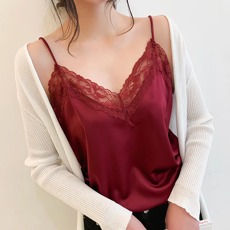 Silk Top Camis For Female Wine Red Black White Women's Tank Tops Sexy Patchwork With Lace Clothes Woman Summer V Neck Ladies Top
Silk Top Camis For Female Wine Red Black White Women's Tank Tops Sexy Patchwork With Lace Clothes Woman Summer V Neck Ladies Top
