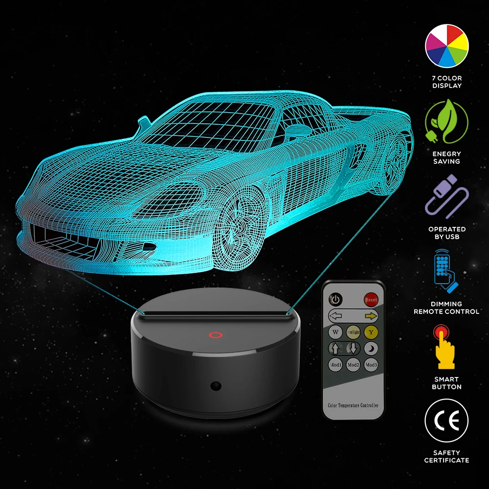 New Sports car 3D LED Night Lamp 7 Colors USB Hologram Decor Lamp Table Desk Lights Birthday Party Gift For Children Friends
New Sports car 3D LED Night Lamp 7 Colors USB Hologram Decor Lamp Table Desk Lights Birthday Party Gift For Children Friends