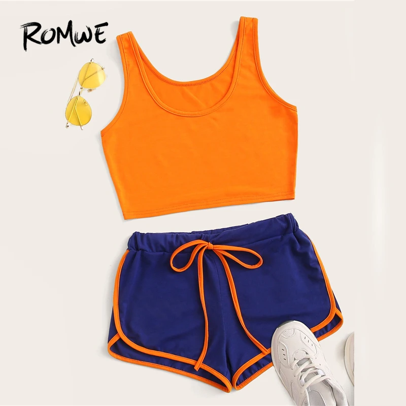 

Romwe Sport Scoop Neck Tank Top With Drawstring Shorts Activewear Women Summer Sleeveless Exercise Sporty Running Sets 2 Colors