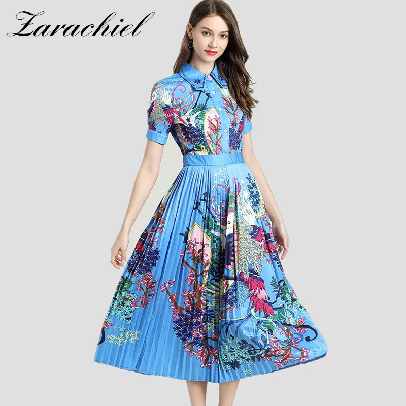 Fashion Designer Runway Blue Shirt Dress 2019 Summer Women Vintage Phoenix Flower Printed Short Sleeve Button Pleated Midi Dress
Fashion Designer Runway Blue Shirt Dress 2019 Summer Women Vintage Phoenix Flower Printed Short Sleeve Button Pleated Midi Dress
