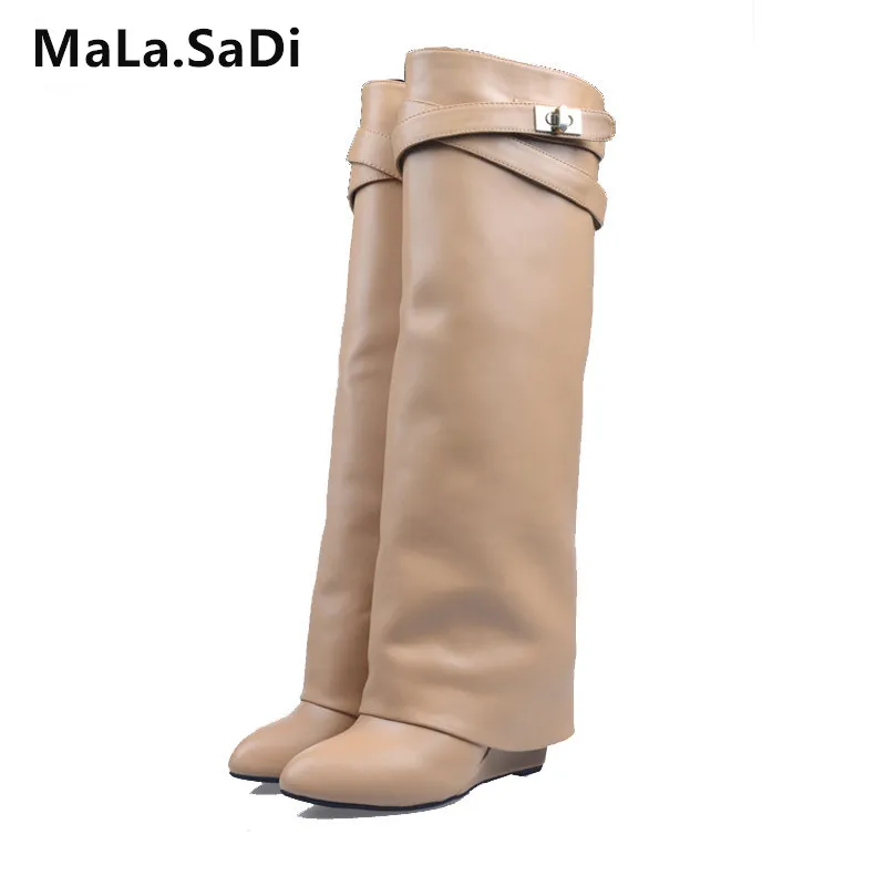 JAWAKYE-Genuine-leather-Wedge-Knee-high-Boots-Women-Silver-Metal-Shark-lock-belt-Winter-Layer-Boots_