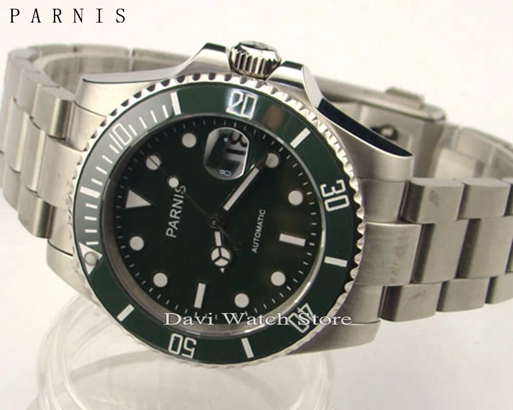 Parnis 40mm stainless steel case green Ceramic Bezel dial sapphire glass automatic mens watch
Parnis 40mm stainless steel case green Ceramic Bezel dial sapphire glass automatic mens watch