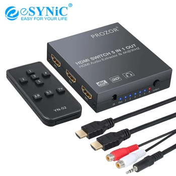 

eSYNiC 5x1 HDMI Switch With Audio Extractor IR Remote 3.5mm To 2 RCA And 3 Feet HDMI 1.4 Cable Switcher Audio Converter 4K 3D