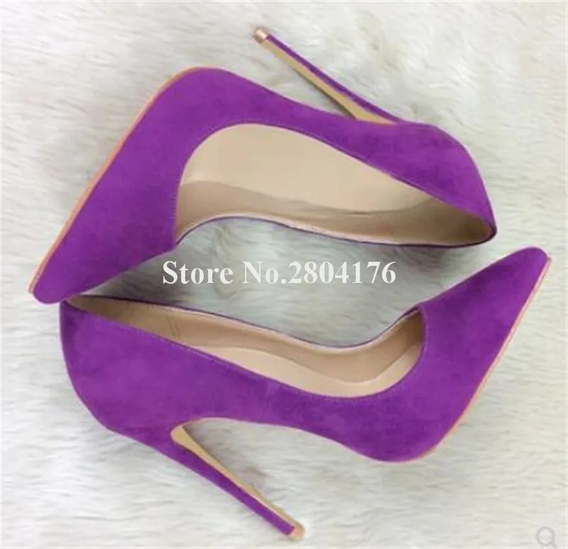 

Women Classical Style Brand Pointed Toe Suede Leather Thin Heel Pumps 12cm Slip-on Purple Red High Heels Formal Dress Shoes