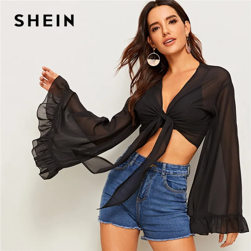SHEIN Ruffle Trim Bell Sleeve Tie Front Sheer Kimono Womens Tops and Blouses Black Sexy Long Sleeve Summer Kimono Crop Tops
SHEIN Ruffle Trim Bell Sleeve Tie Front Sheer Kimono Womens Tops and Blouses Black Sexy Long Sleeve Summer Kimono Crop Tops