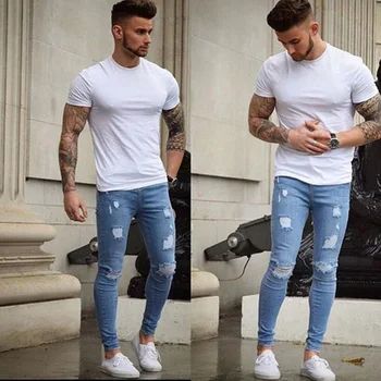 

Fashion Men Solid Ripped Skinny Biker Zipper Fly Jeans Destroyed Hole Frayed Slim Fit Denim Pencil Pants