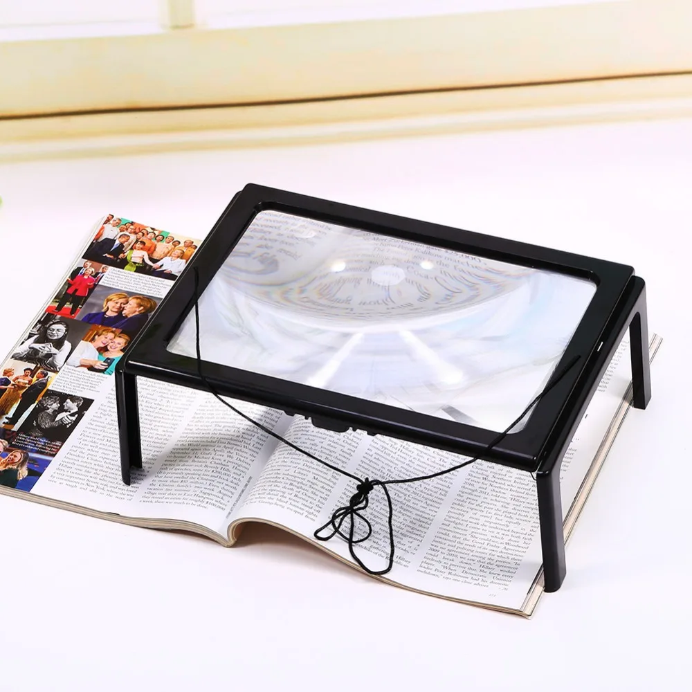 

Ultrathin A4 Full Page Large PVC Magnifier 3X Foldable Magnifying Glass Loupe Hands Free for Reading w/ 4 LED Lights