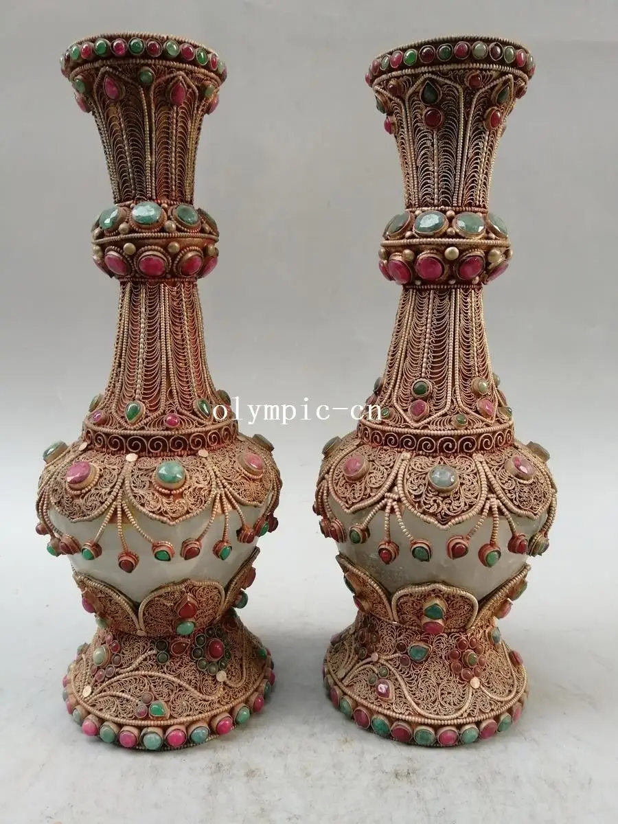 Pair 12'' Nepal Silver filigree inlay green red gemstone buddhism cup jar vase
Pair 12'' Nepal Silver filigree inlay green red gemstone buddhism cup jar vase