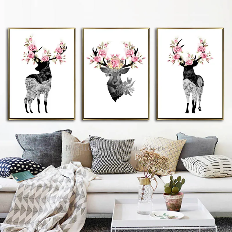 LZN Nordic Pink Flower Deer Posters And Prints Wall Art Canvas Painting Black Head Pictures For Living Room | Дом и сад