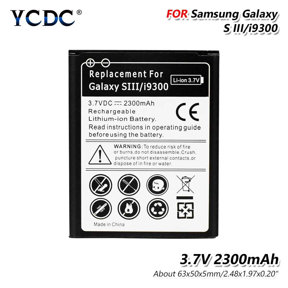 

YCDC Replacement Battery for Samsung for Galaxy S3 GT-i9300 L710 i747 i535 R530 T999 Li-ion Batterie Bateria Accumulator 2300mAh