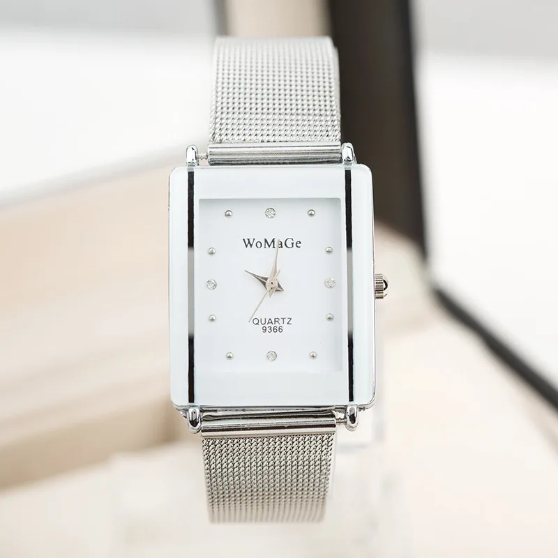 

Fashion New Design Womage Brand Square Face With Crystal For Women Precise Quartz Movement Mesh Stainless Steel Lady Gift Watch