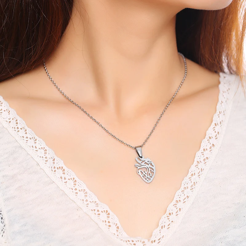 Silver Anatomical Heart Pendant Necklace for women