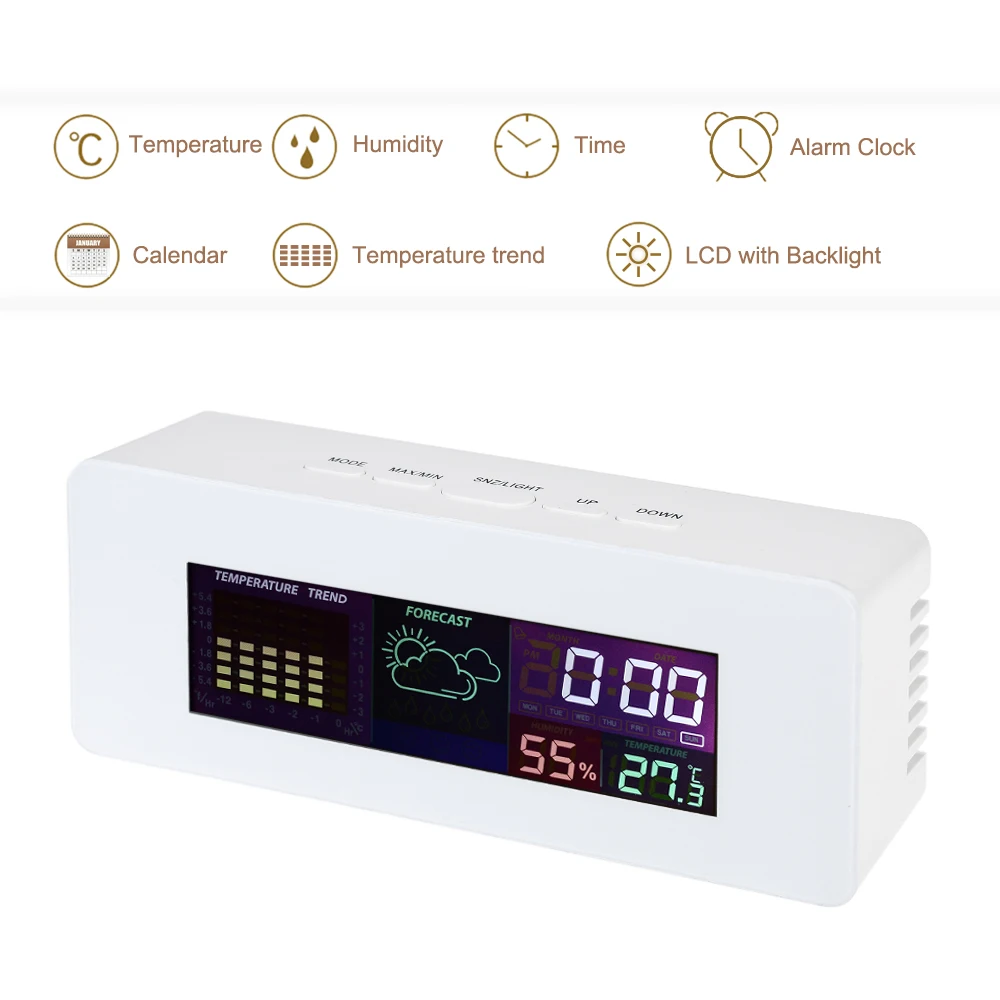 Alarm Clock with Snooze Function Desktop Table Clock Multi-functional Colorful Digital LCD Indoor Thermometer Hygrometer
Alarm Clock with Snooze Function Desktop Table Clock Multi-functional Colorful Digital LCD Indoor Thermometer Hygrometer