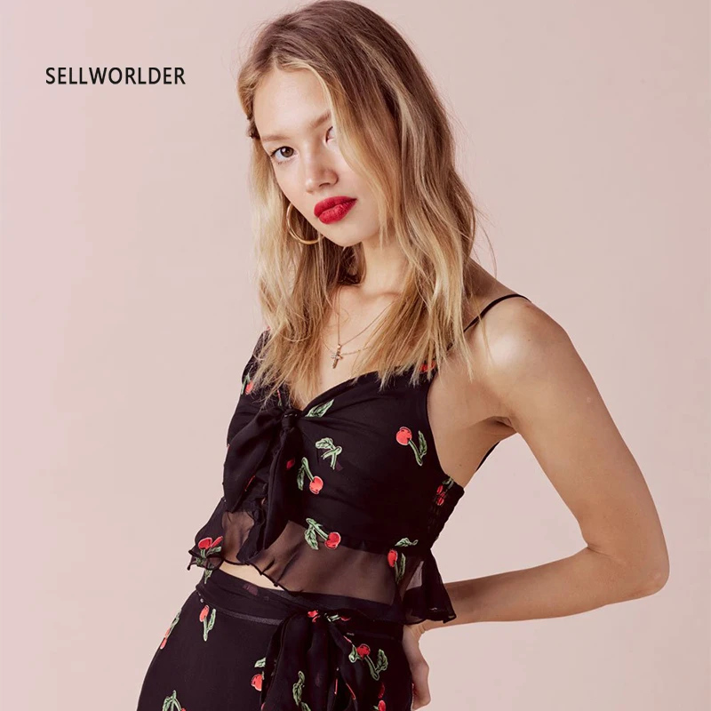 New Arrival Cherry Print Black Basic Tank Tops A Deep Front Bow V-neckline Sleeveless Top Harvest Cami On The Beach
New Arrival Cherry Print Black Basic Tank Tops A Deep Front Bow V-neckline Sleeveless Top Harvest Cami On The Beach