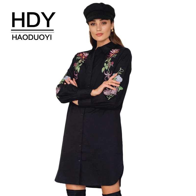 HDY Haoduoyi Brand Embroidery Floral Black Women Casual Shirt Style Dress Long Sleeve Split Side Buttons Female Elegant Vestidos
HDY Haoduoyi Brand Embroidery Floral Black Women Casual Shirt Style Dress Long Sleeve Split Side Buttons Female Elegant Vestidos